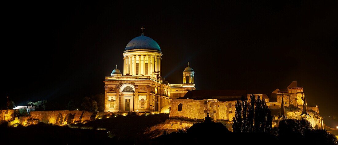 Exterior of the Neo Classical Esztergom Basilica at night, Cathedral Esztergomi Bazilika, Hungary