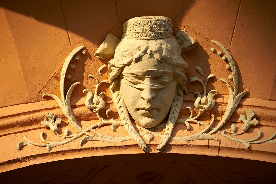 Justice from the Art Nouveau Sezession City Hall designed by Lechner Ödön with Zolnay tiles, Hungary Kecskemét