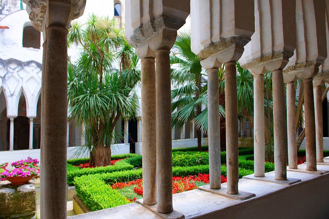 The slender columns of the morish style cloisters of the Amalfi Cathedral, Italy