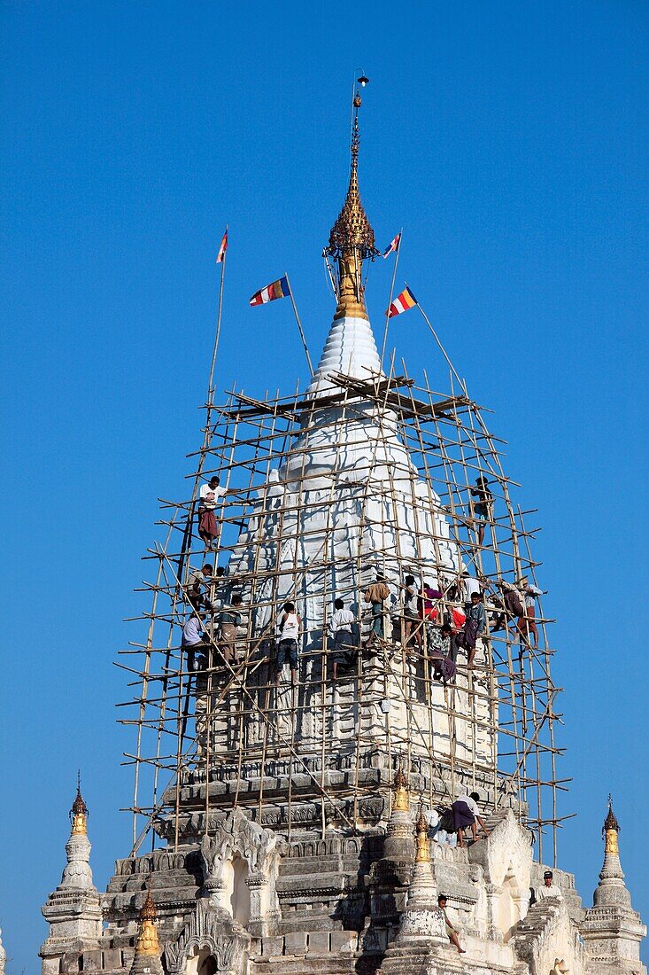Myanmar, Burma, Bagan, Minnanthu, painting a pagoda