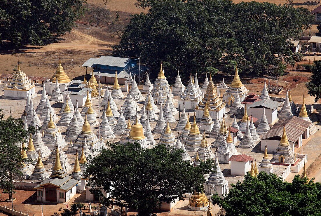 Myanmar, Burma, Pindaya, whitewashed stupas