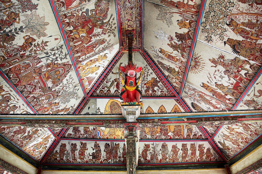 Indonesia, Bali, Semarapura, Bale Kambang, floating pavilion, painted ceiling