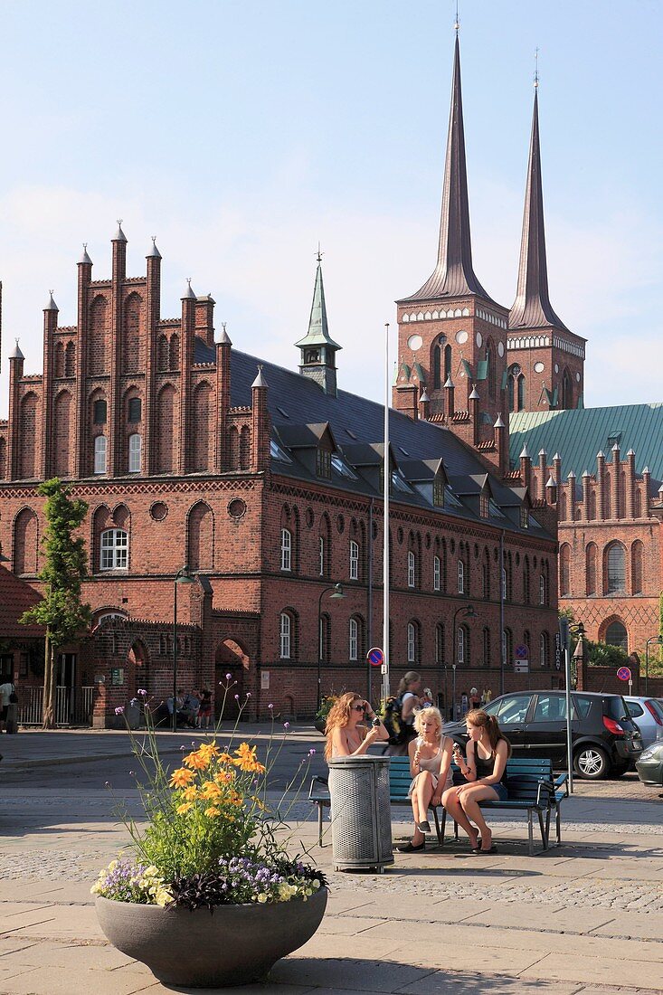 Denmark, Zealand, Roskilde, Cathedral, town hall, main square, people