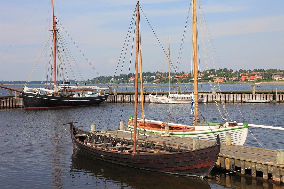 Denmark, Zealand, Roskilde, harbour on the fjord, traditional sailboats