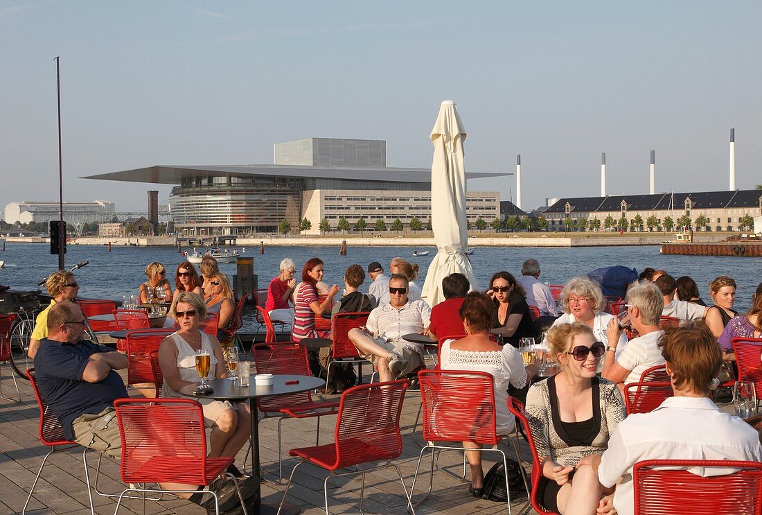 Denmark, Copenhagen, Opera House, outdoor cafe, people