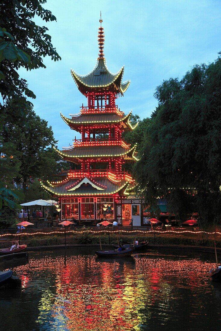 Denmark, Copenhagen, Tivoli amusement park at night