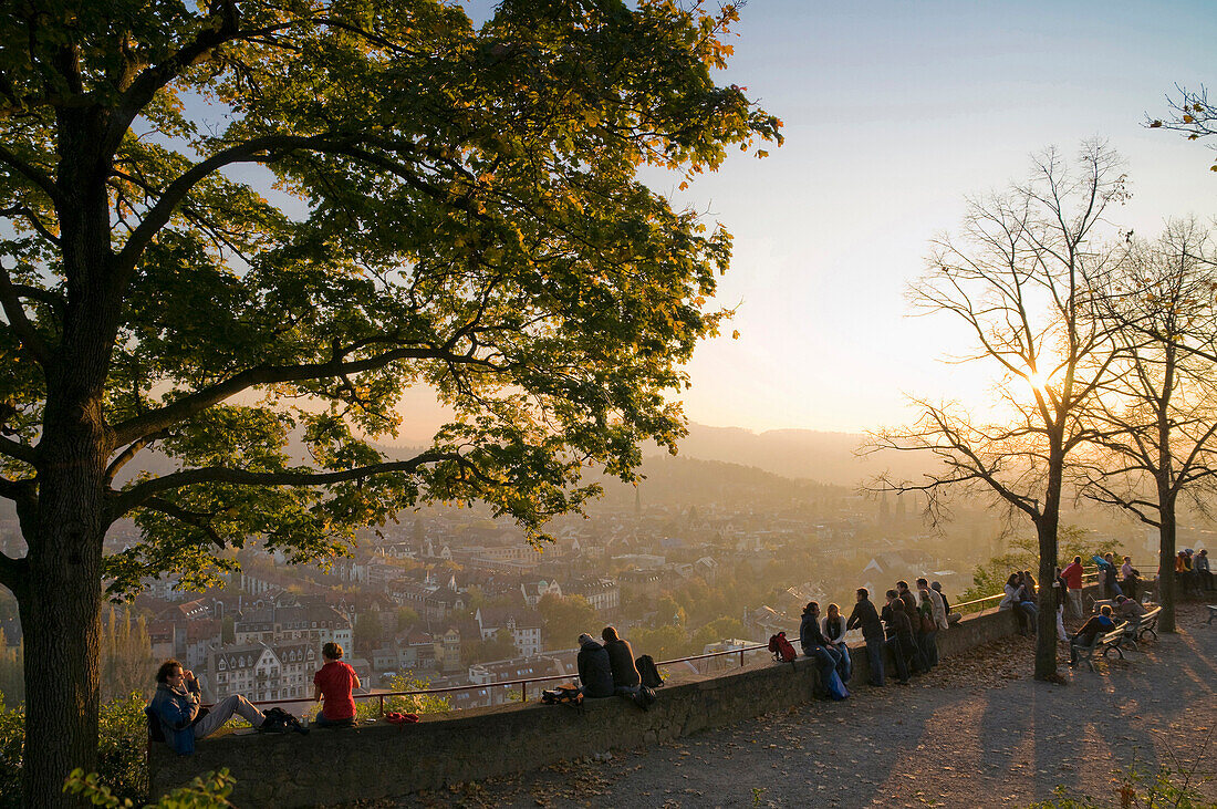 View from Kanonenplatz square over old town in sunset, Freiburg im Breisgau, Baden-Wurttemberg, Germany