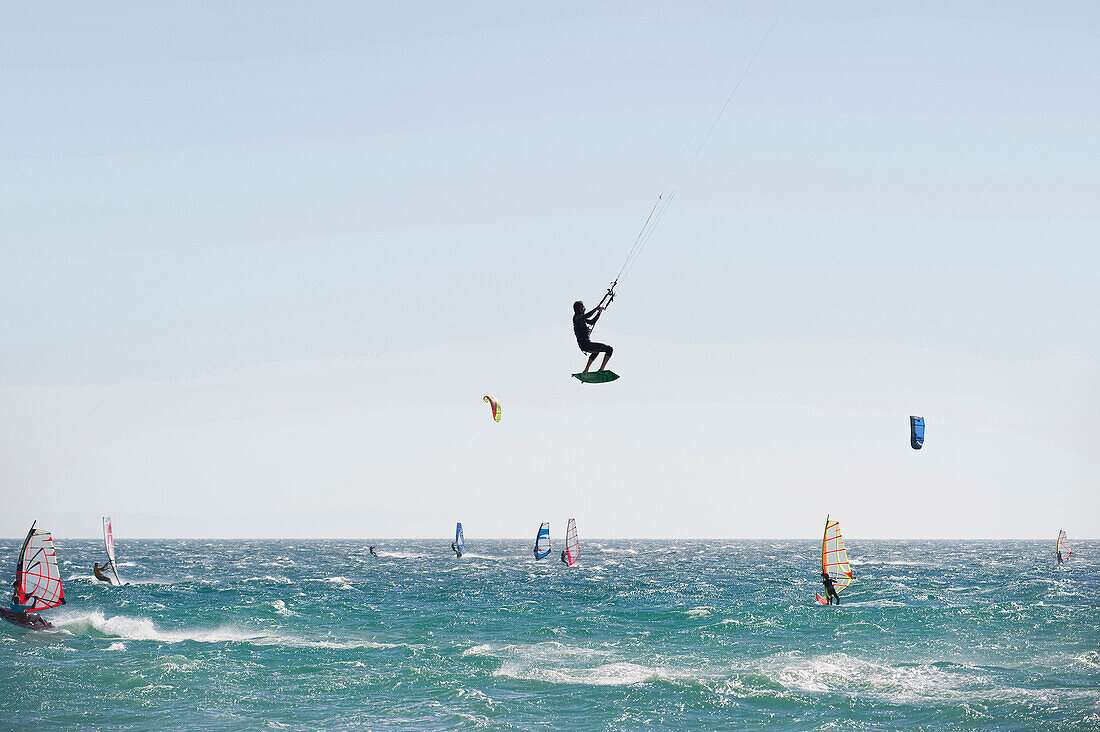 Kitesurfer and windsurfer near Tarifa, Andalusia, Spain
