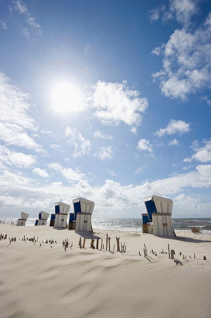 Roofed wicker beach chairs at sandy beach, Westerland, Sylt, Schleswig-Holstein, Germany