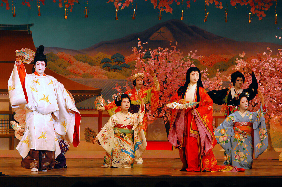 The Cherry Tree Dance Performed By the Dancing Geikos and Maikos (Tachikata), Miyako-Odori Show at the Kaburenjo Theatre of Traditional Dance, Gion Kobu District, Kyoto, Japan, Asia