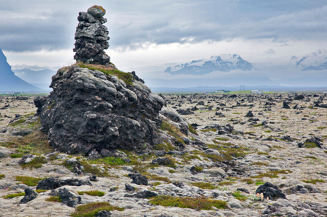 Stone Cairn in the Middle of a Lava Field, Southern Coast of Iceland, Europe