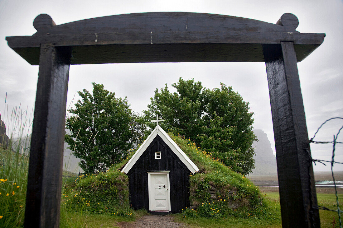 Small, Traditional Chapel with Its Peat Roof, Nupsstadur, Southern Coast of Iceland, Europe