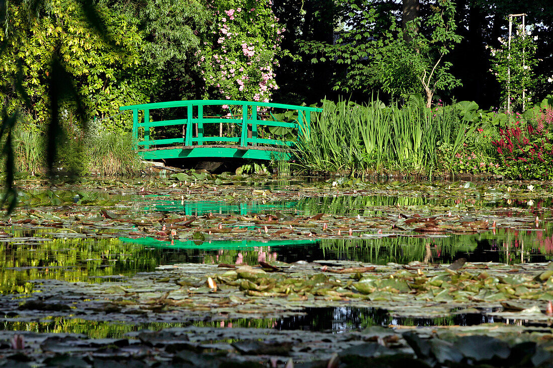 Japanese Bridge and the White Water Lily Pond in the Impressionist Painter Claude Monet's Water Garden, Giverny, Eure (27), France