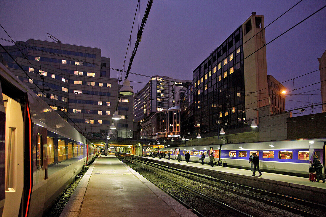 Tgv High-Speed Train at the Platform at Nightfall, Montparnasse Train Station, 15Th Arrondissement, Paris (75), France