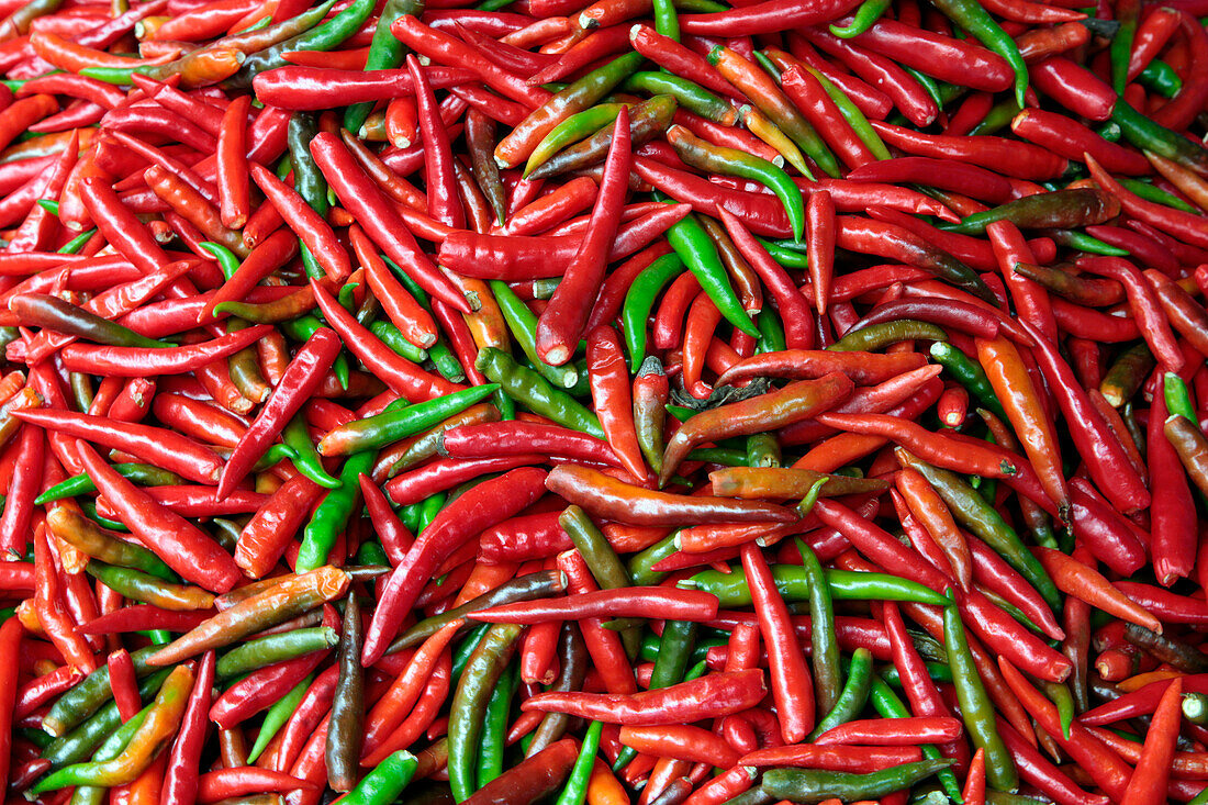 A Display of Red and Green Chilies, Thailand, Asia