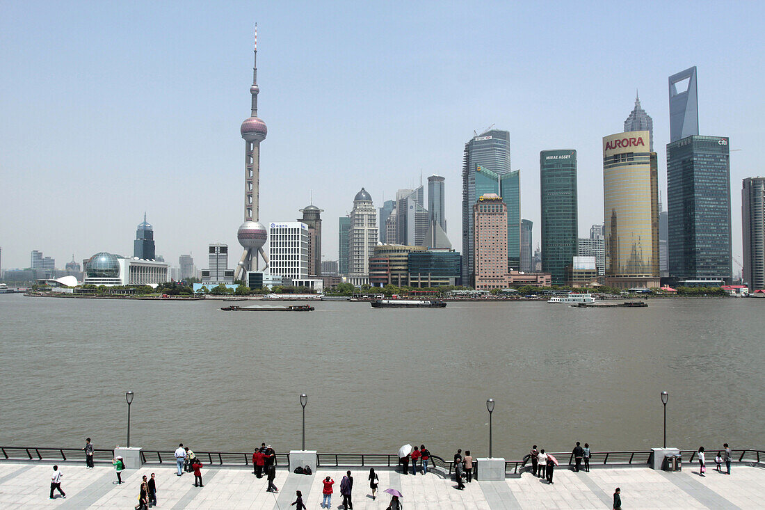 View of the Oriental Pearl Tower and the Pudong Financial District Seen From the Bund, Puxi District, Shanghai, People's Republic of China