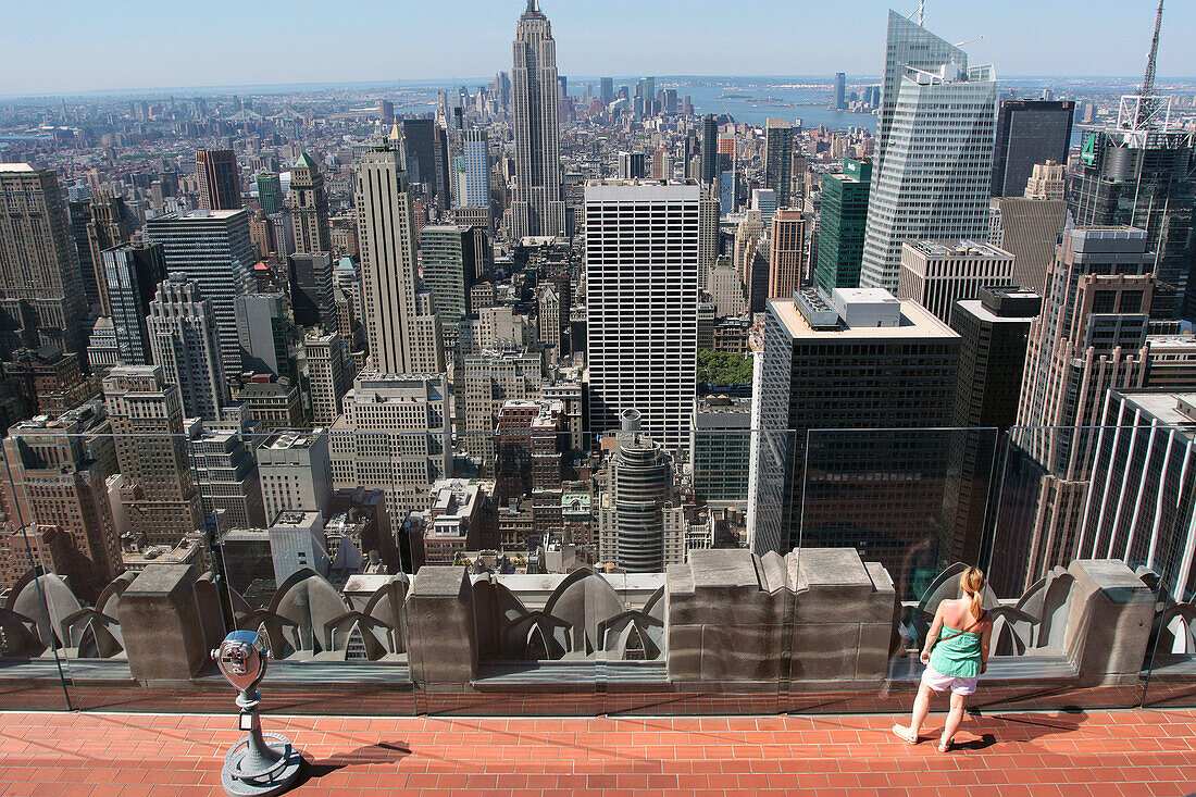 Tourists Admiring the Panoramic View Over Manhattan From the Top of the Rock, Observation Deck in the Ge Building, Rockefeller Center, Midtown Manhattan, New York City, New York State, United States
