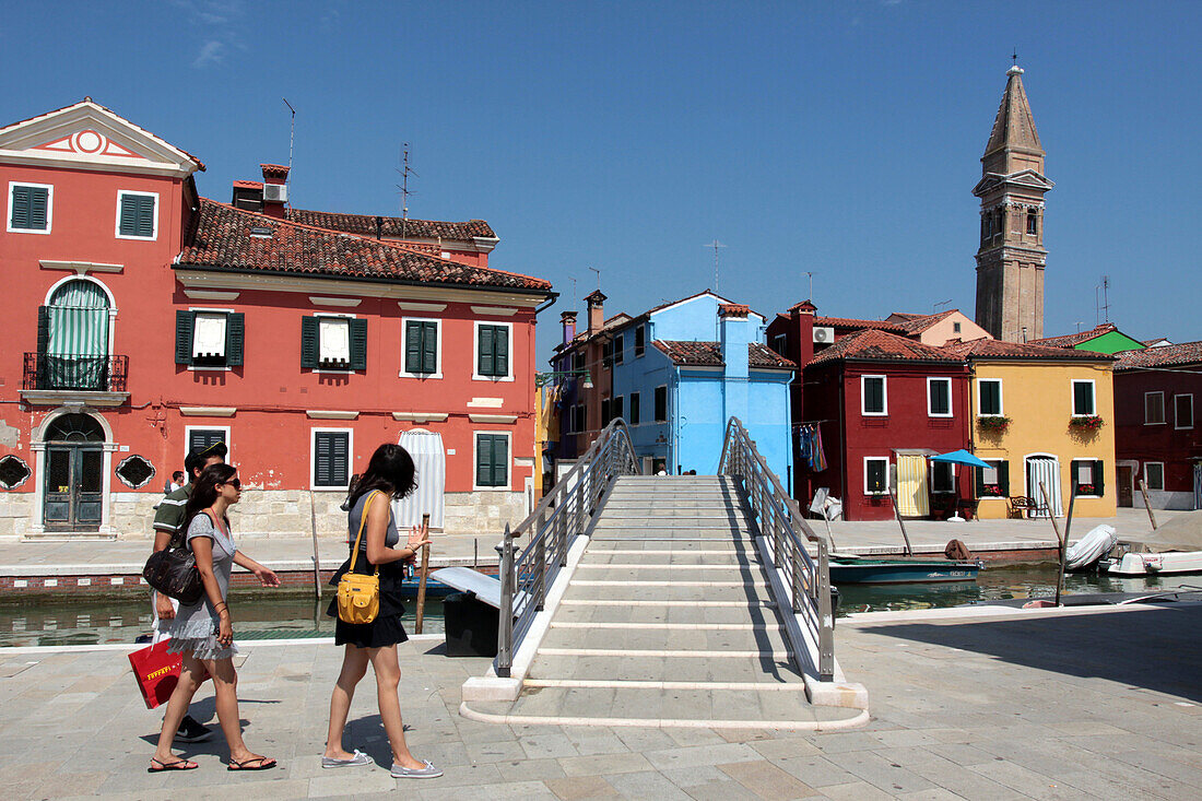 Tourists Strolling Along the Canals on Burano Island in the Lagoon of Venice, Venetia, Italy