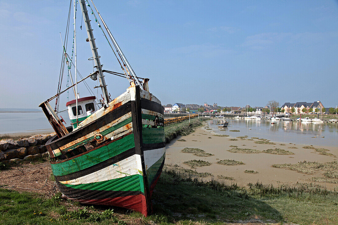 Wreck of a Boat Washed Up on the Shores, Sign of the Drop in Fishing Activity, Le Crotoy, Bay of Somme (80), France