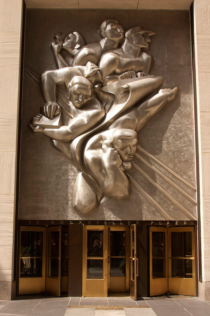 Art Deco Sculpture on the Facade of Rockefeller Center, Midtown, Manhattan, New York City, United States of America, Usa