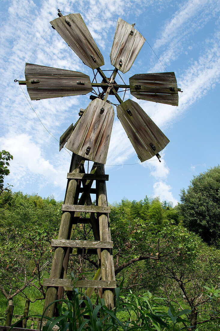 Wooden Wind Turbine, Museum of Old Japanese Farms in the North of Osaka, Japan