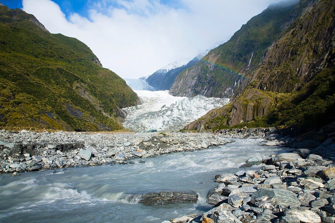 NEW ZEALAND, Westland, Westland National Park Glacial valley and river downstream of the Franz Josef Glacier