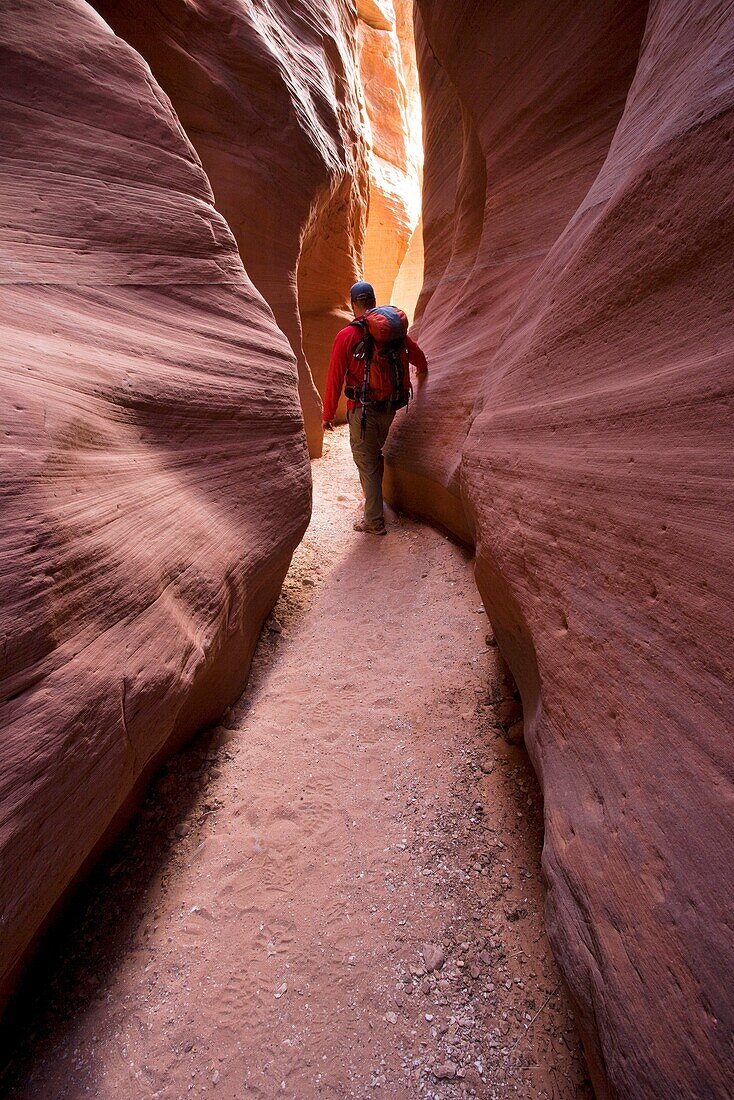 Hiker in the Navajo Sandstone narrows of Buckskin Gulch in the Paria Canyons - Vermilion Cliffs Wilderness Area, Utah
