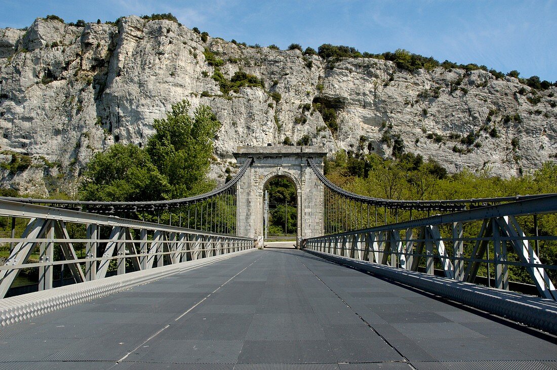 France Drome On The Robinet Suspended Bridge Crossing The Rhone River With The Defile Cliffs In The Background