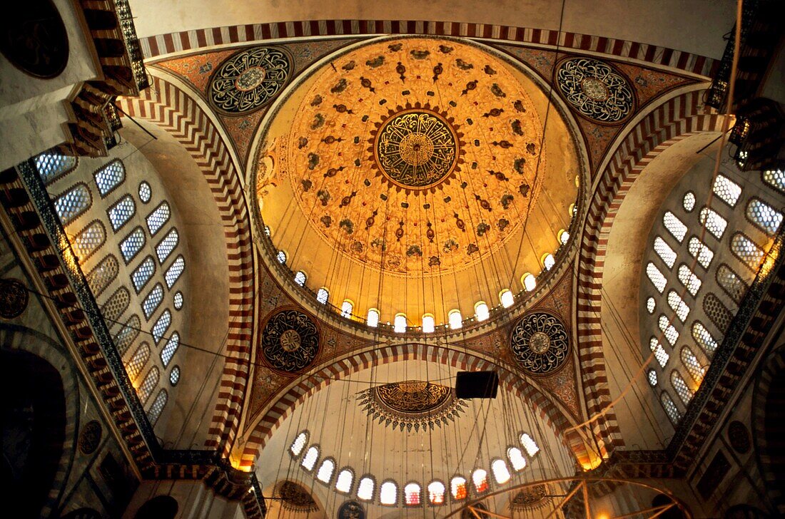 Turkey istanbul decorated dome and windows inside suleiman the magnificent mosque