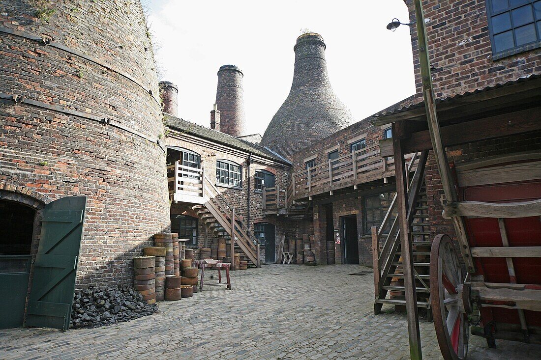 A view of the Gladstone Pottery Museum in Longton Stoke-on-Trent Staffs showing the bottle ovens or kilns
