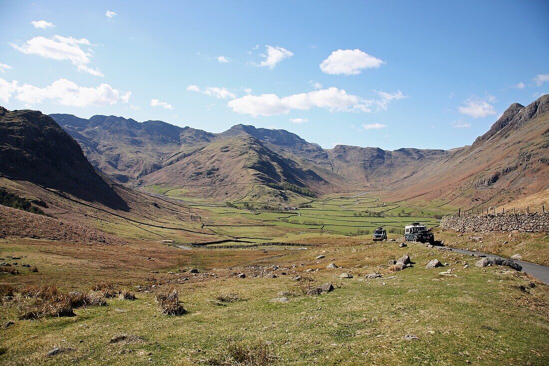 Looking towards the Langdale Fells and Langdale Pikes in the Lake District National Park, Cumbria, England