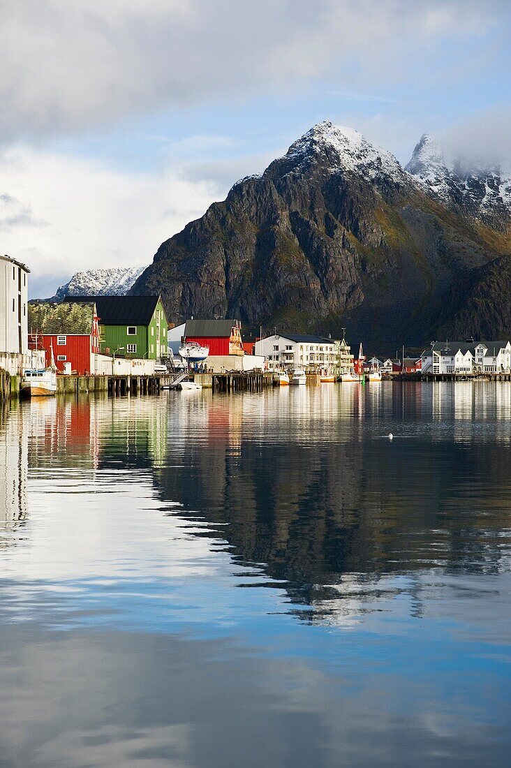 Mountain reflection in harbor, Henningsvær, Lofoten islands, Norway