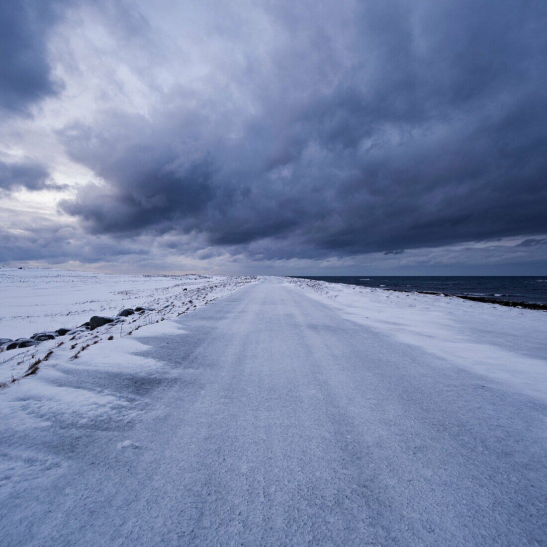 Snow covered road, Eggum, Vestvågøy, Lofoten islands, Norway