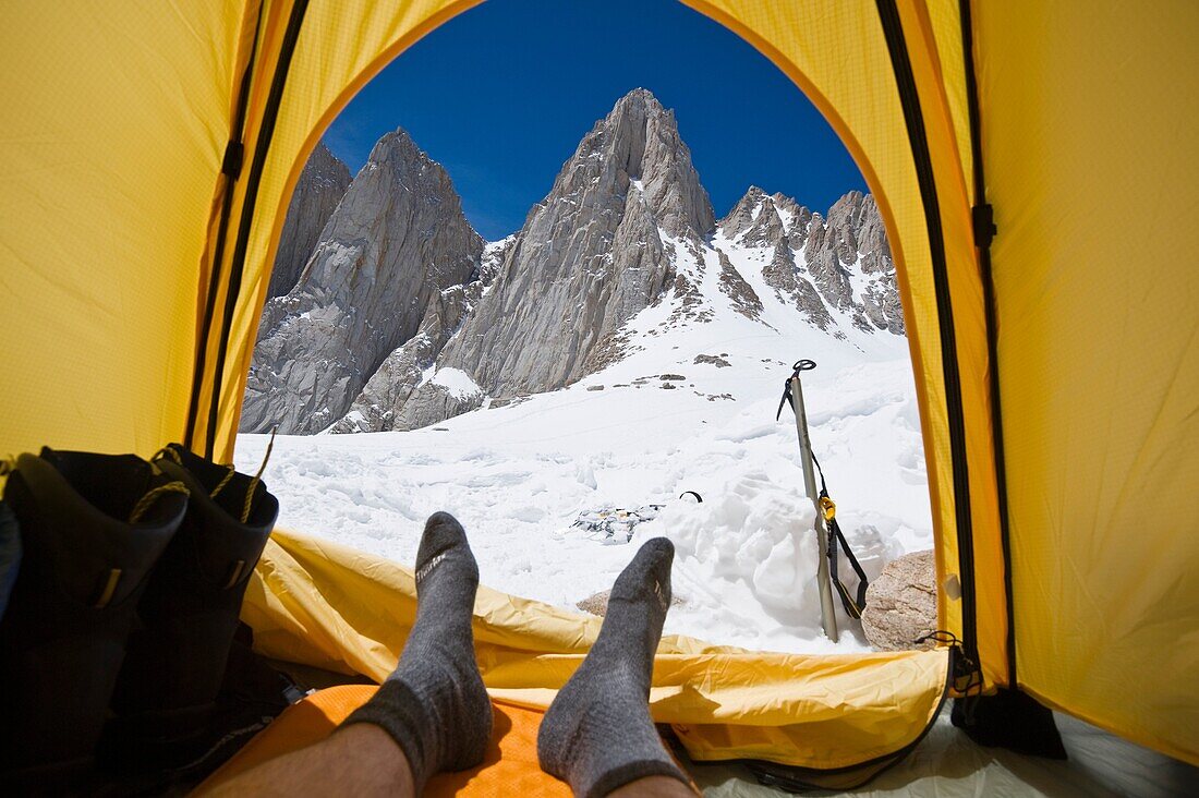 View from tent in winter campsite at Iceberg lake 12, 600 ft - 3850 m on mountaineers route to east face of Mount Whitney, Sierra Nevada mountains, California