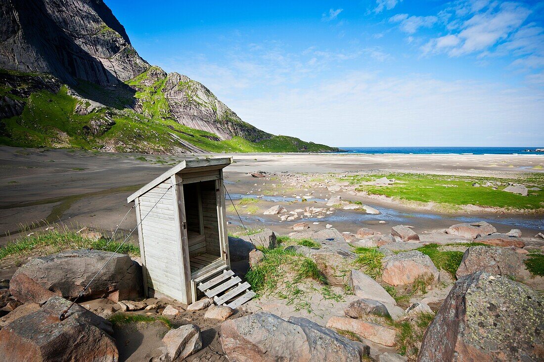 Wood drop toilet at Bunes beach, Moskenesoy, Lofoten islands, Norway
