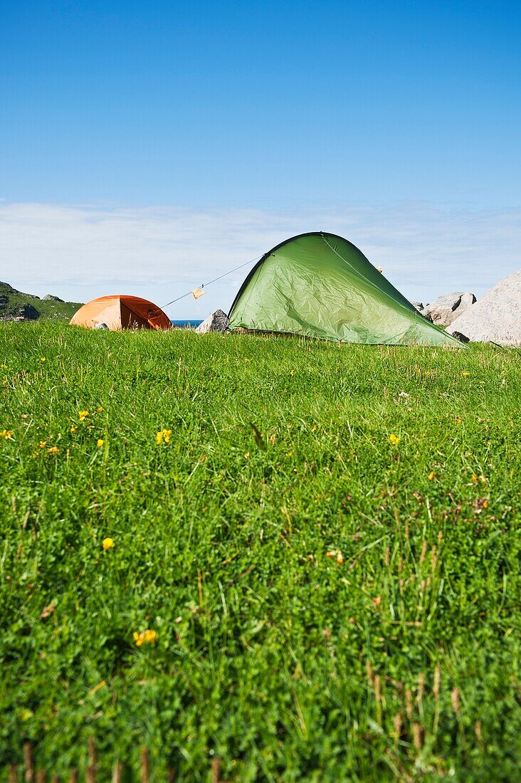 Scenic campsite at Bunes beach, Moskenesoy, Lofoten islands, Norway