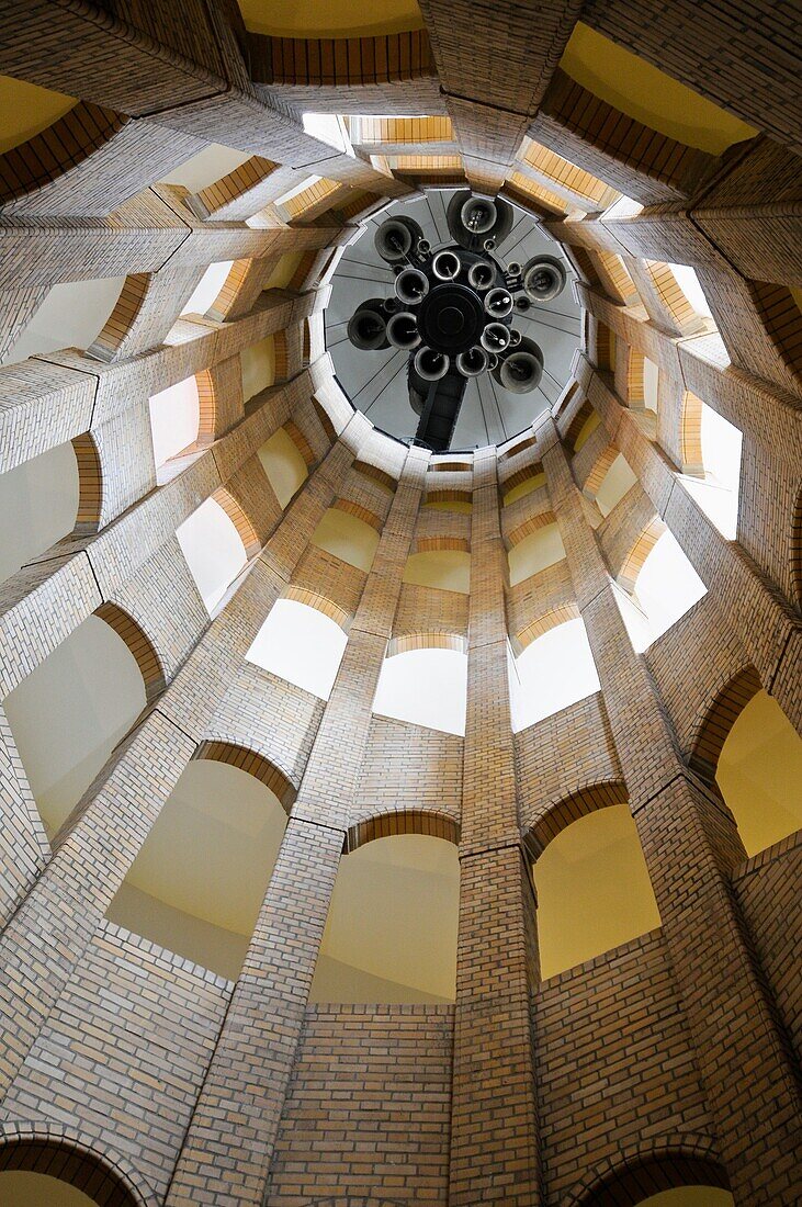 View from below into the bell tower of the French Cathedral on the Gendarmenmarkt square in Berlin, Germany