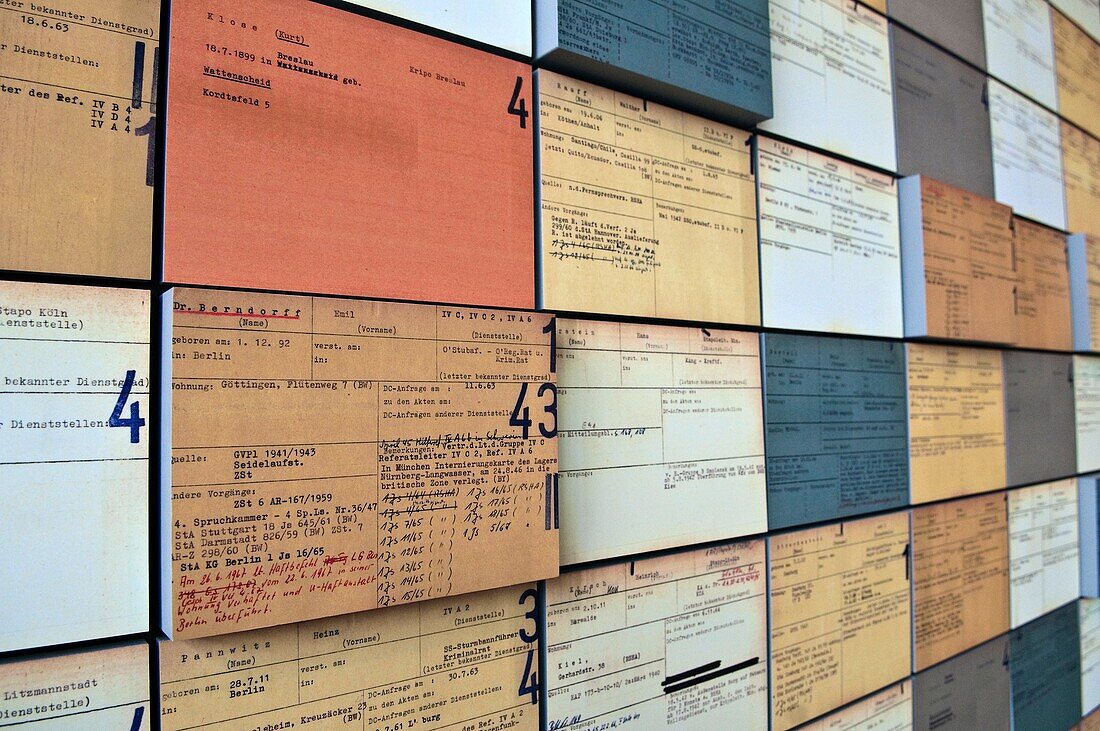 Wall with index cards of former SS members in the Topography of Terror, exhibition on the grounds of the former SS headquarters, Berlin, Germany