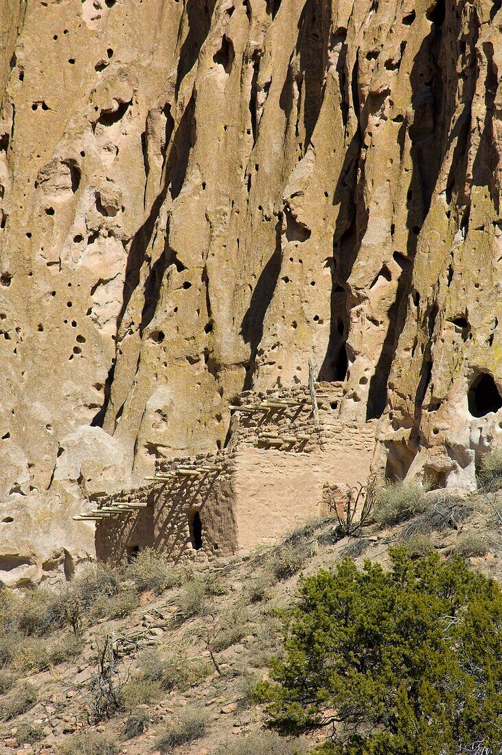 Main Loop trail showing the archeology features along Frijoles Canyon at Bandelier National Monument in New Mexico Talus House