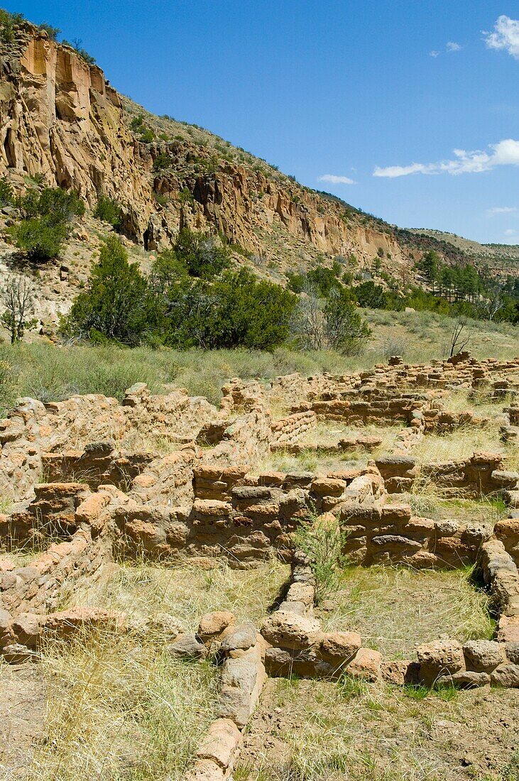 Main Loop trail showing the archeology features along Frijoles Canyon at Bandelier National Monument in New Mexico Tyuonyi Pueblo walls