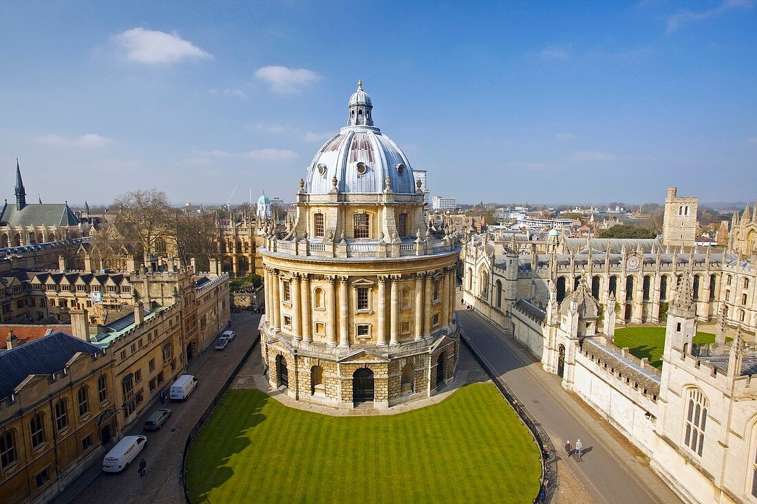 The Radcliffe Camera viewed from the University Church, Oxford, Oxfordshire, England, United Kingdom
