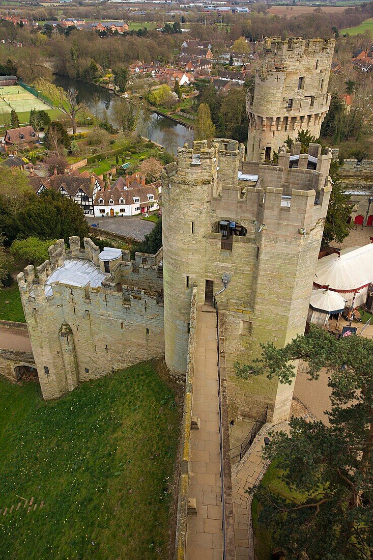 Aerial view of Warwick Castle, Western Midlands of England, United Kingdom