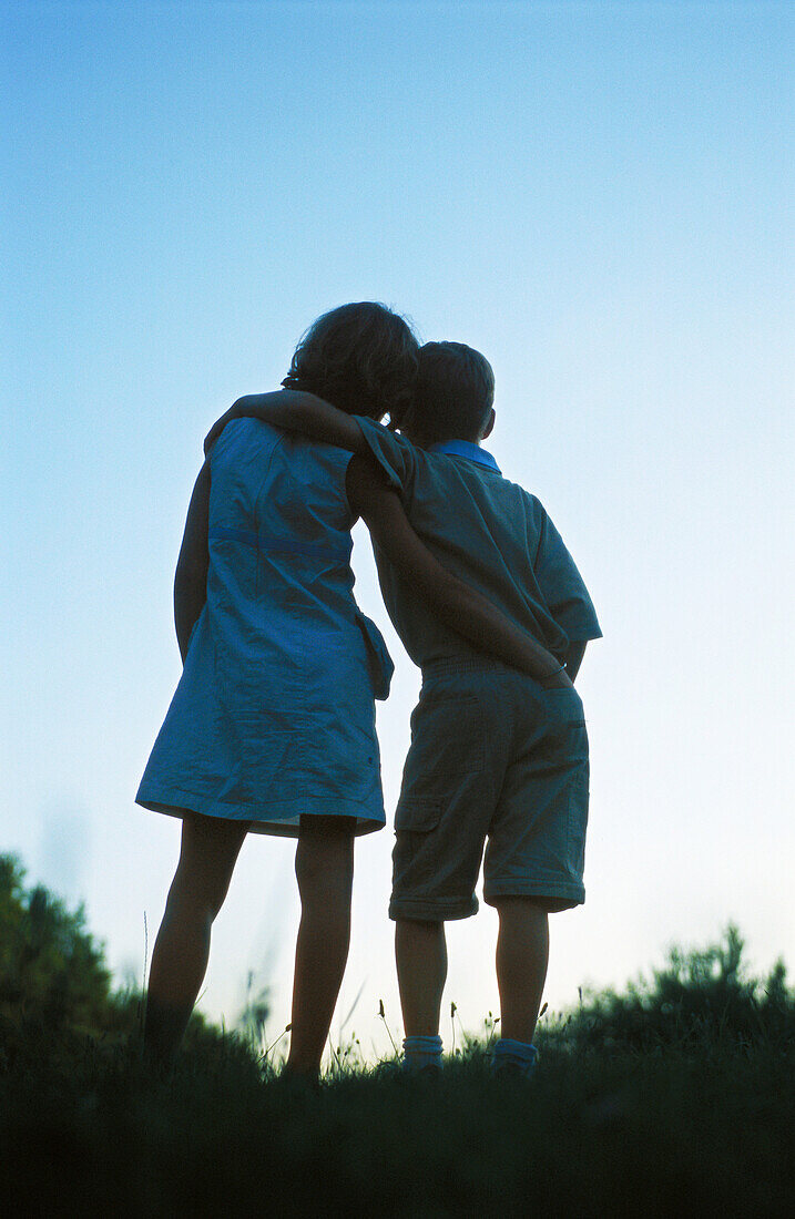 Two children standing with arms around each other at twilight, rear view