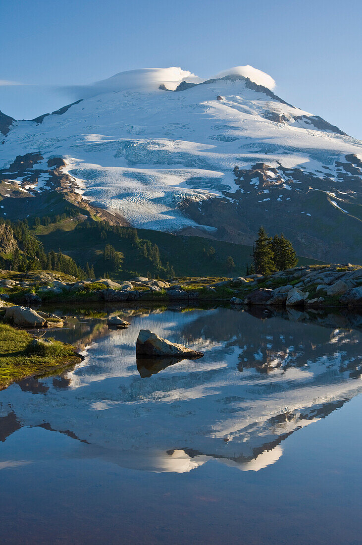 Snow-Covered Mountain Reflection in Tranquil Lake, Washington, USA