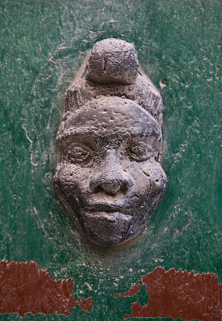 Carved Male Head in Wall, Close-Up, France