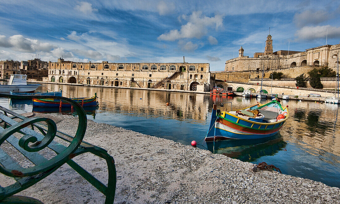 Old Buildings With Boats Moored in Harbor, Senglea, Malta