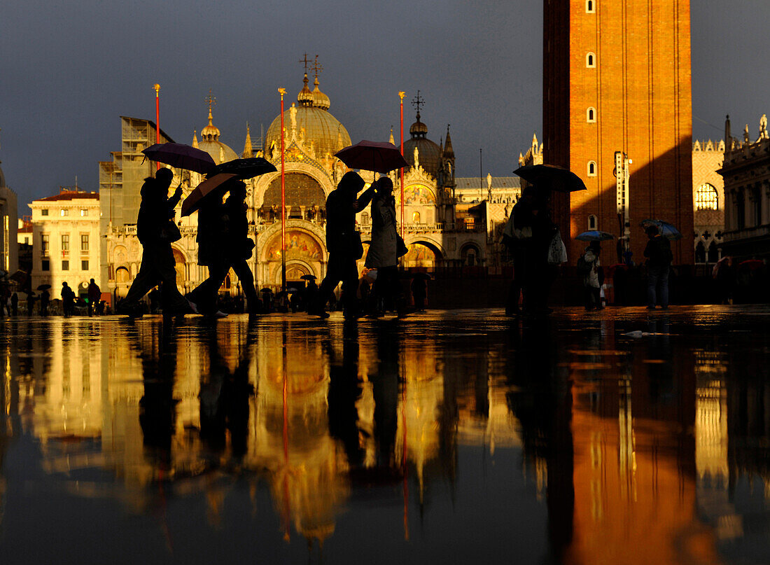 People with umbrellas, Piazza San Marcoin the evening, St. Mark's Basilica, Basilica di San Marco, Venice, Italy