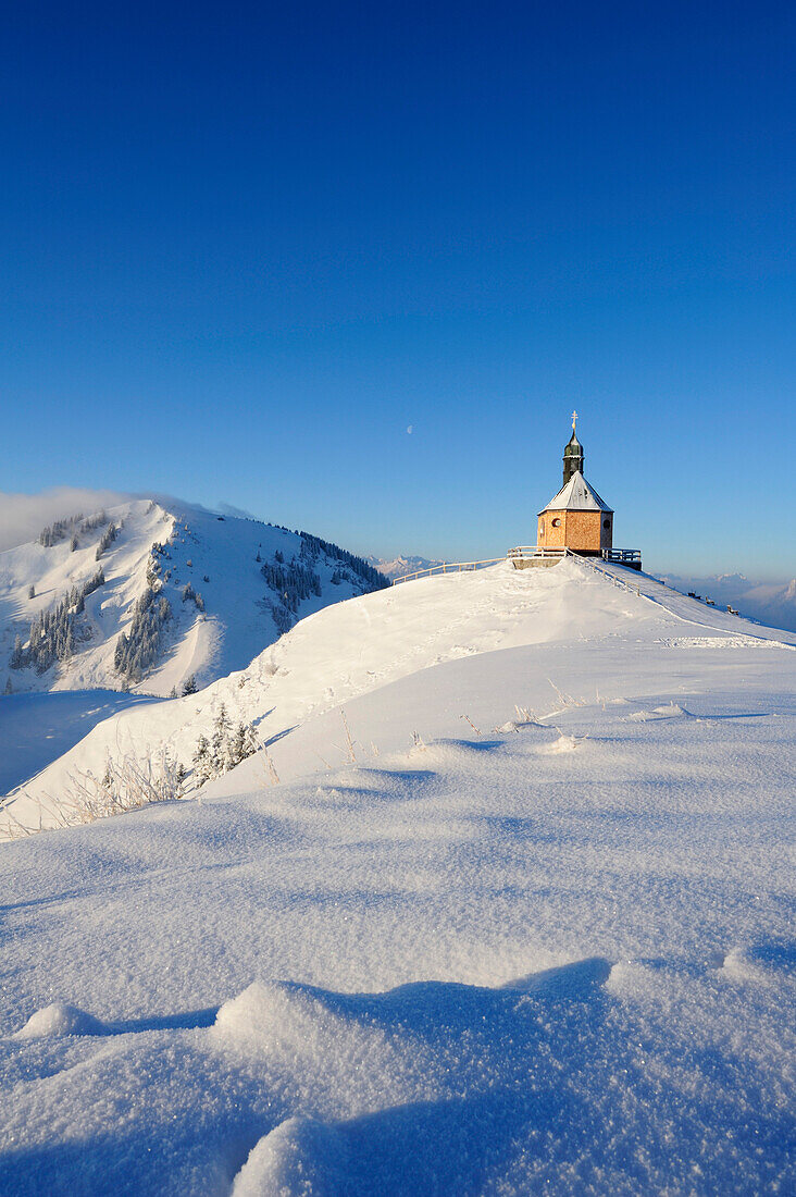 Snow covered chapel, Wallberg, Bavarian Alps, Upper Bavaria, Bavaria, Germany