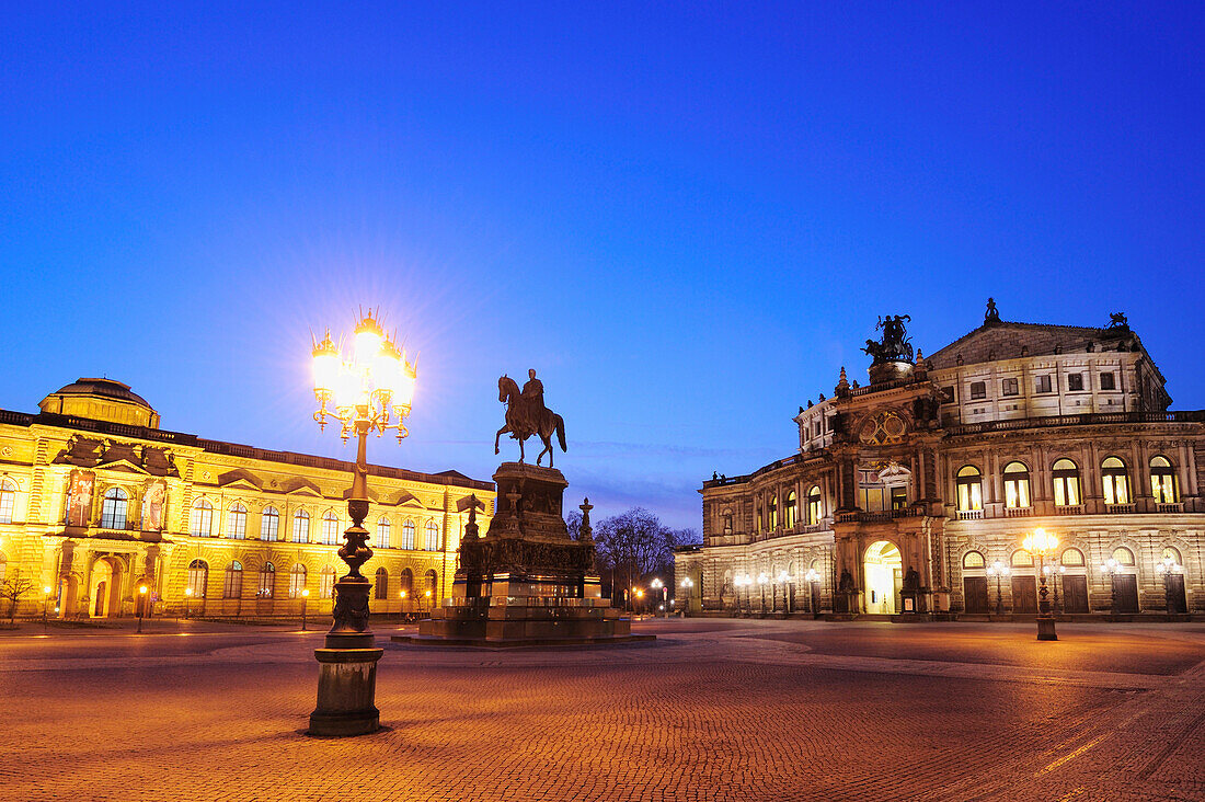 Theater square with Zwinger, Semperoper and King Johann equestrian statue, Dresden, Saxony, Germany