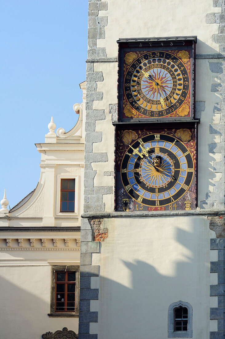 Two clocks at town hall clock tower, old town, Goerlitz, Saxony, Germany
